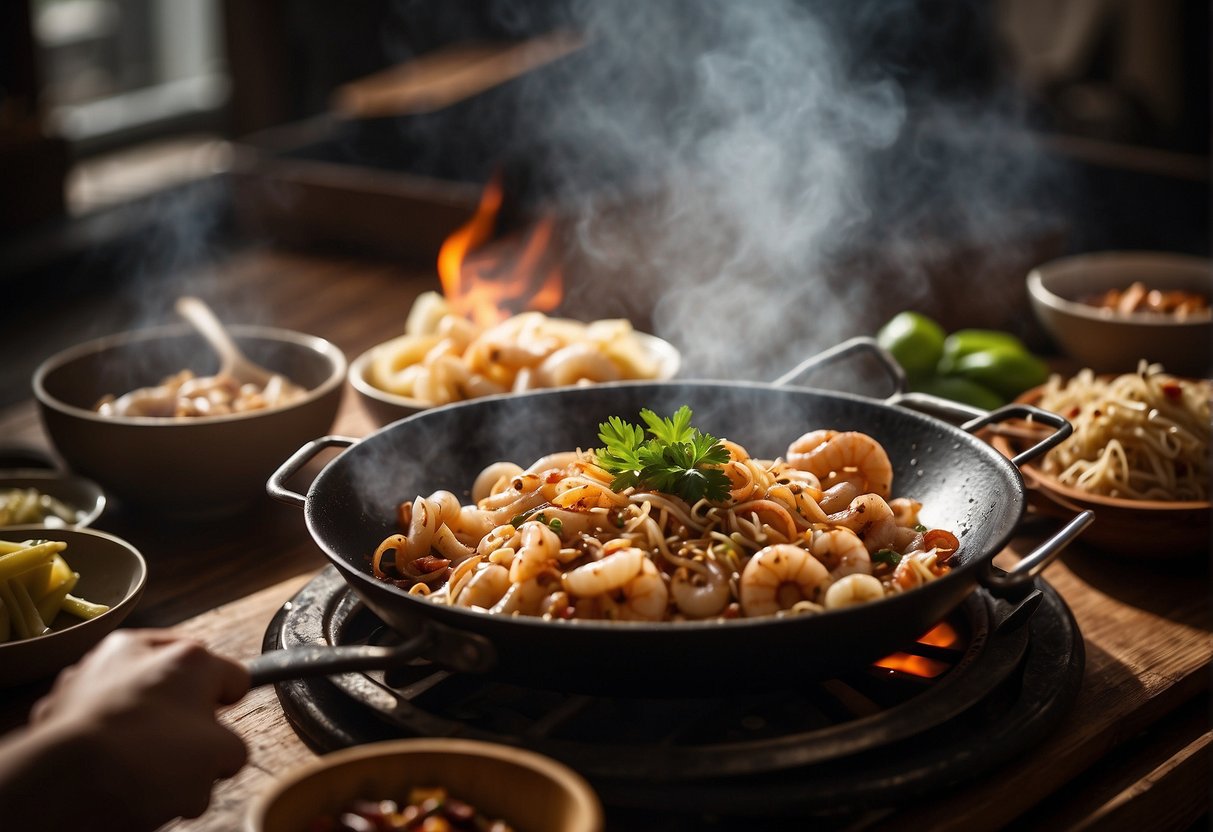 A table with various ingredients and cooking utensils, a wok sizzling with stir-fried squid, and a person holding a recipe book open to "Frequently Asked Questions easy squid recipes chinese"