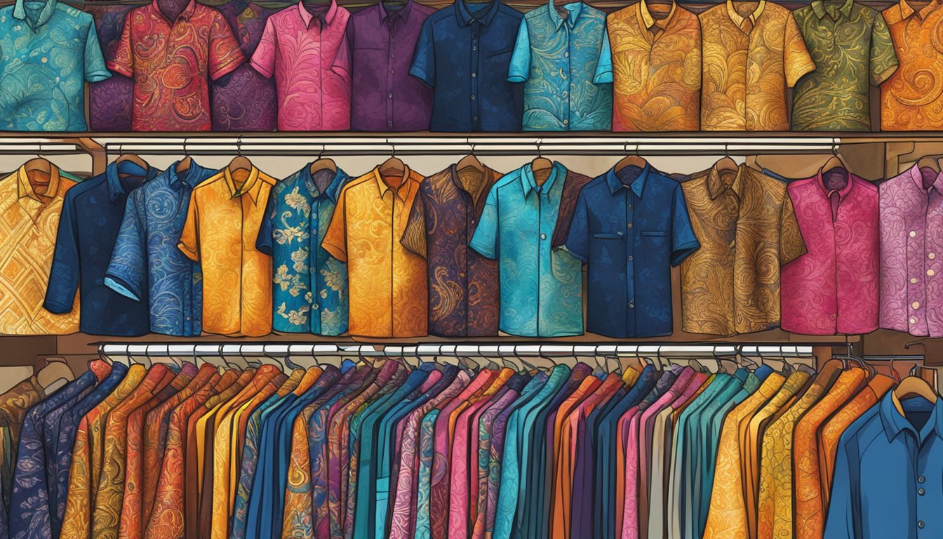 A colorful array of batik shirts displayed in a vibrant market stall in Singapore. The intricate patterns and vibrant colors catch the eye of passersby