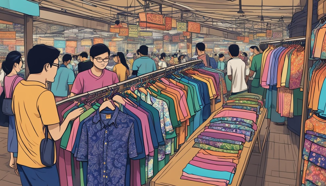 A colorful display of batik shirts at a Singapore market, with customers browsing and a sign reading "Frequently Asked Questions: Where to buy batik shirt in Singapore."