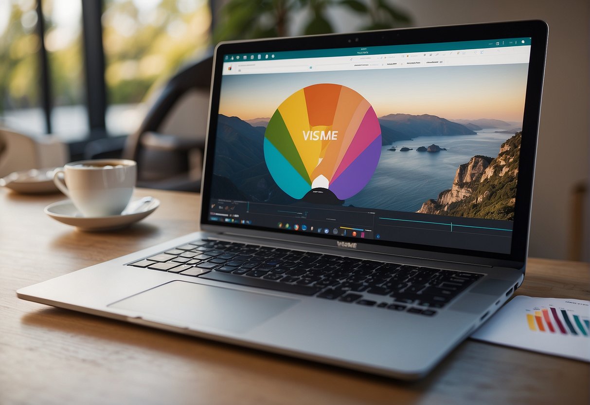 A laptop displaying the Visme logo surrounded by colorful graphics and charts