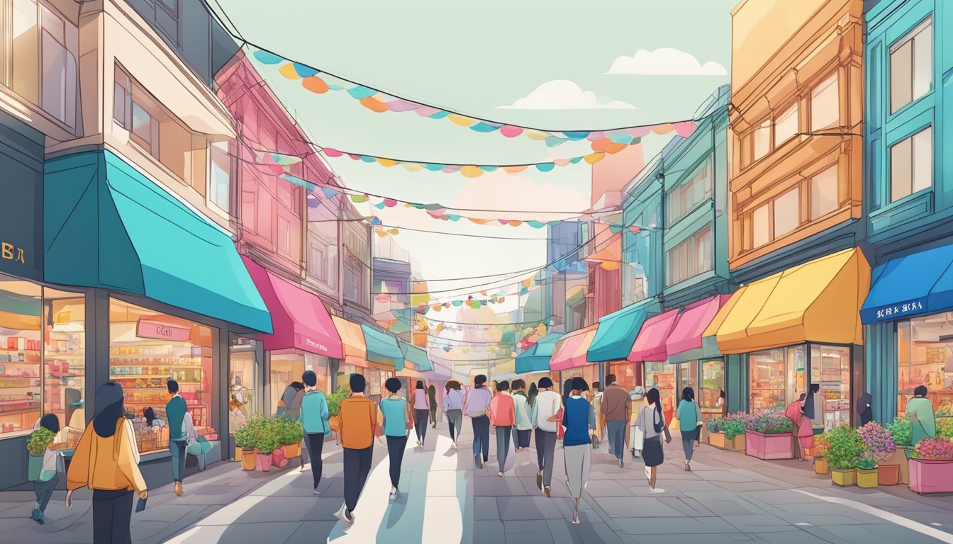 A vibrant street lined with modern Korean brand shops. Brightly colored storefronts and bustling crowds create a lively atmosphere