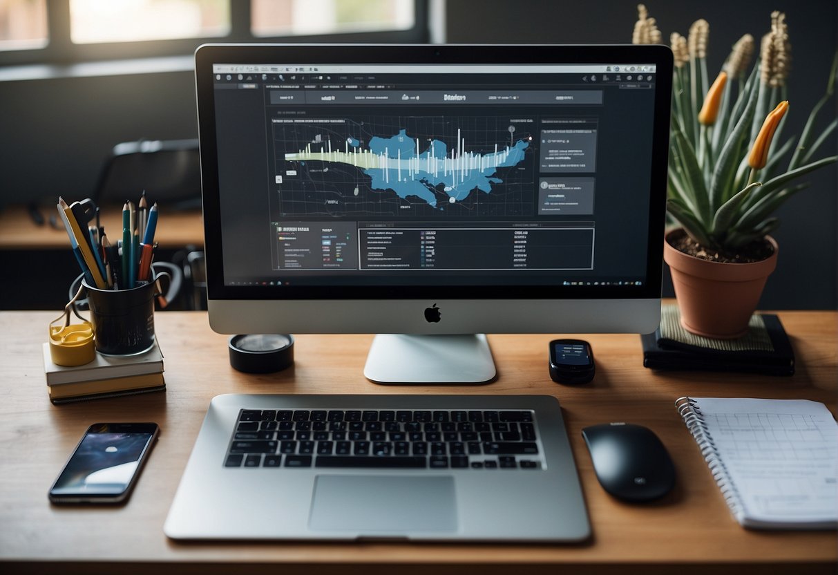 A computer screen displaying the Visme design tools with various shapes, colors, and text options. A stylus and notebook sit nearby