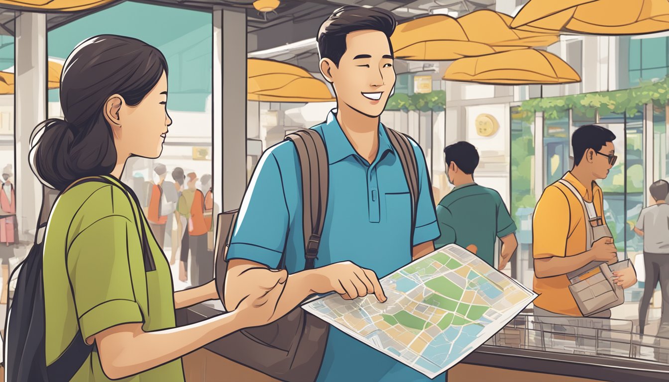 A tourist holding a map and asking a vendor about where to buy the Singapore tourist pass. The vendor is gesturing towards a nearby ticket counter