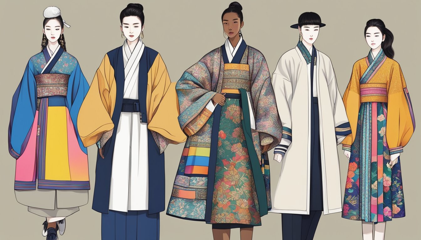 A colorful array of traditional Korean garments and modern streetwear, blending vibrant patterns and sleek silhouettes. Traditional hanboks and contemporary K-fashion pieces coexist in a dynamic display of Korean fashion