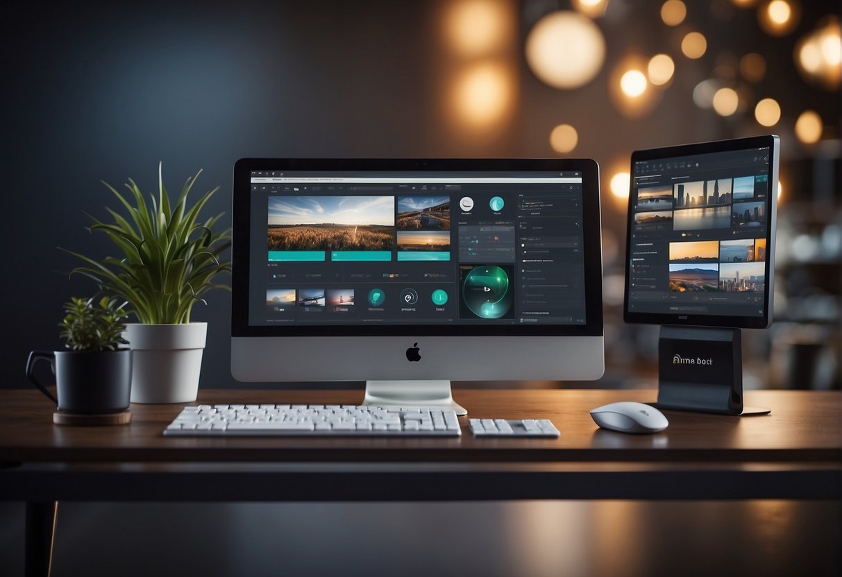 Visme functionality: A computer screen displaying various design tools and options, with a stylus or mouse hovering over the interface
