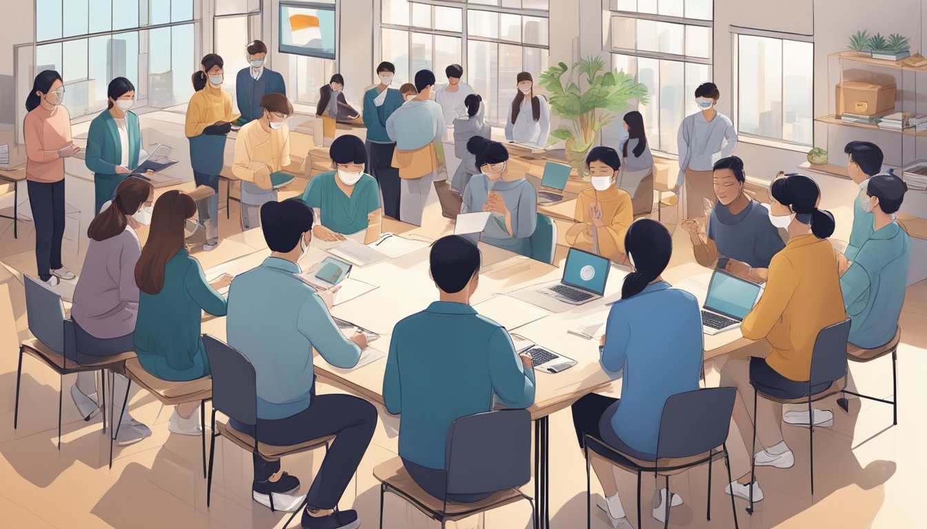 A group of diverse individuals from different countries collaborate on a project, symbolizing global impact. The scene is filled with innovative ideas and cultural exchange, representing the Korea brand