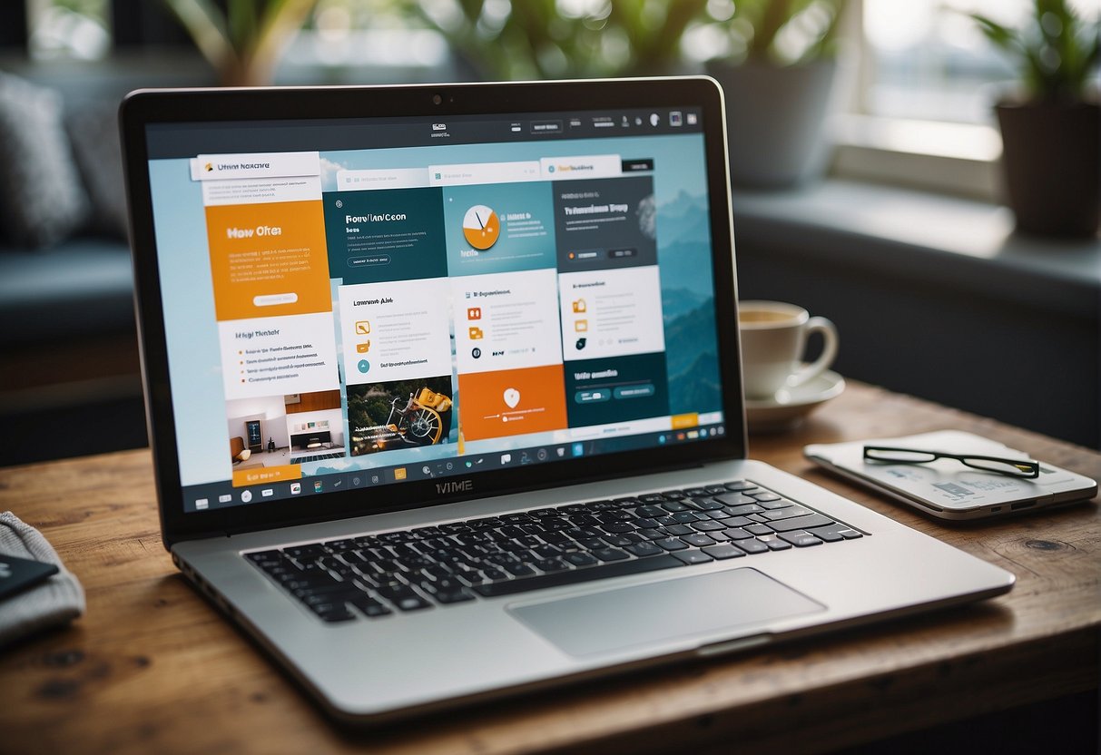 A laptop with Visme website open, surrounded by various content types like infographics, presentations, and social media posts