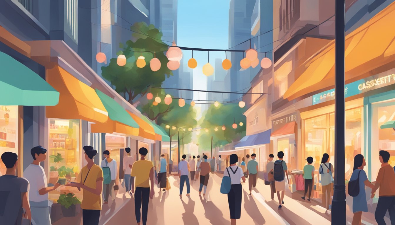 A bustling street in Singapore, with colorful storefronts and a prominent sign for a Casetify retailer. Pedestrians walk by, and the sun casts a warm glow on the scene