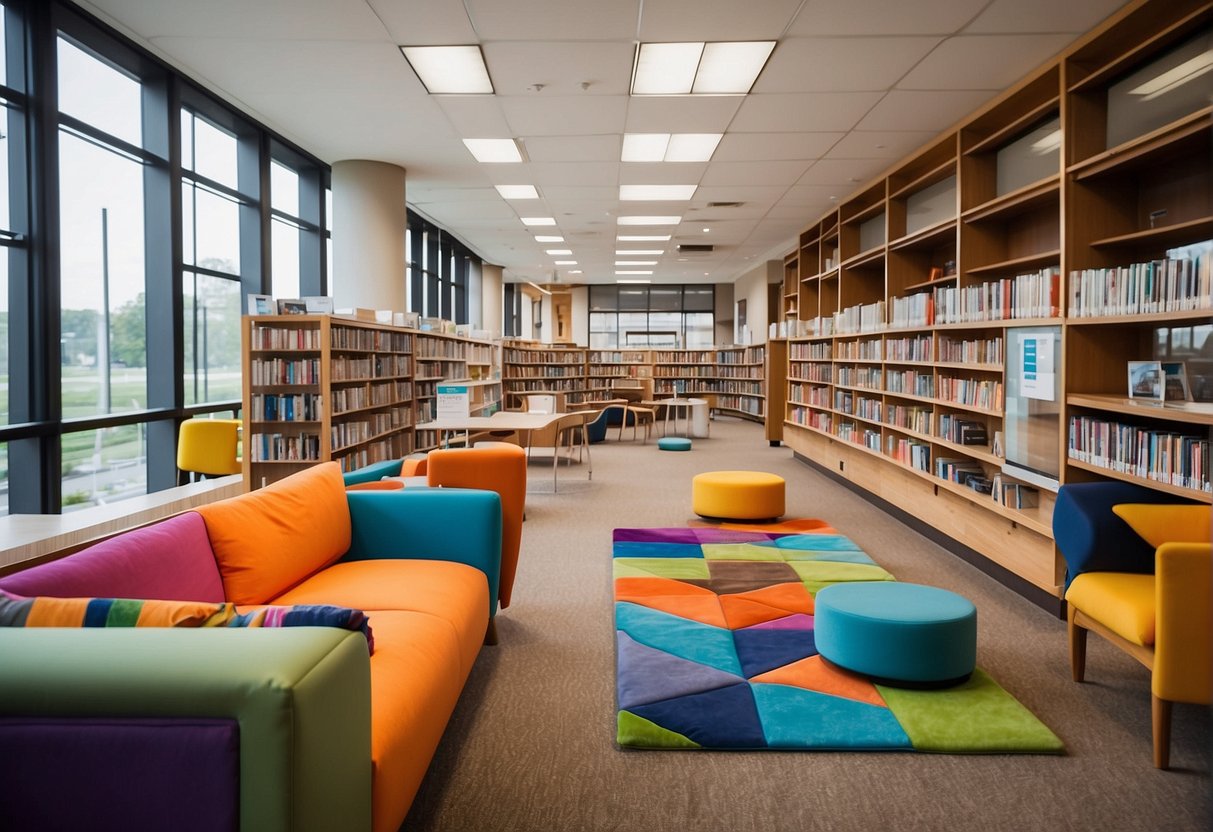 A vibrant library with shelves filled with colorful resources and a Visme logo displayed prominently. The space is modern and inviting, with natural light streaming in through large windows