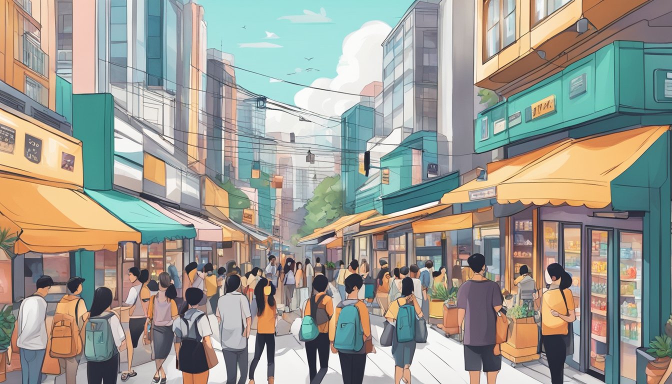A bustling street in Singapore, with vibrant storefronts and a prominent Casetify sign, drawing in customers with sleek phone cases and accessories