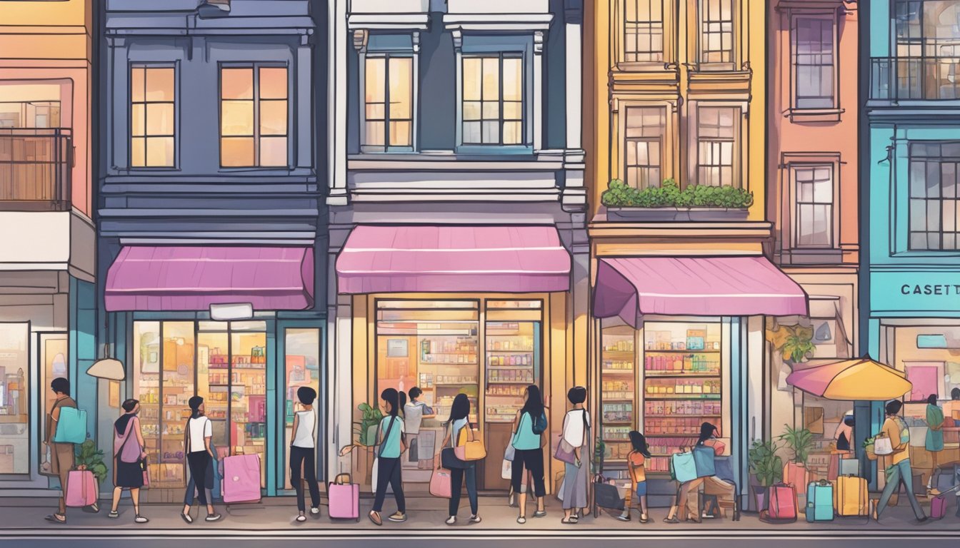 A bustling street in Singapore with colorful storefronts showcasing Casetify products. Shoppers browse the latest phone cases and accessories, while a bright sign advertises the store's location
