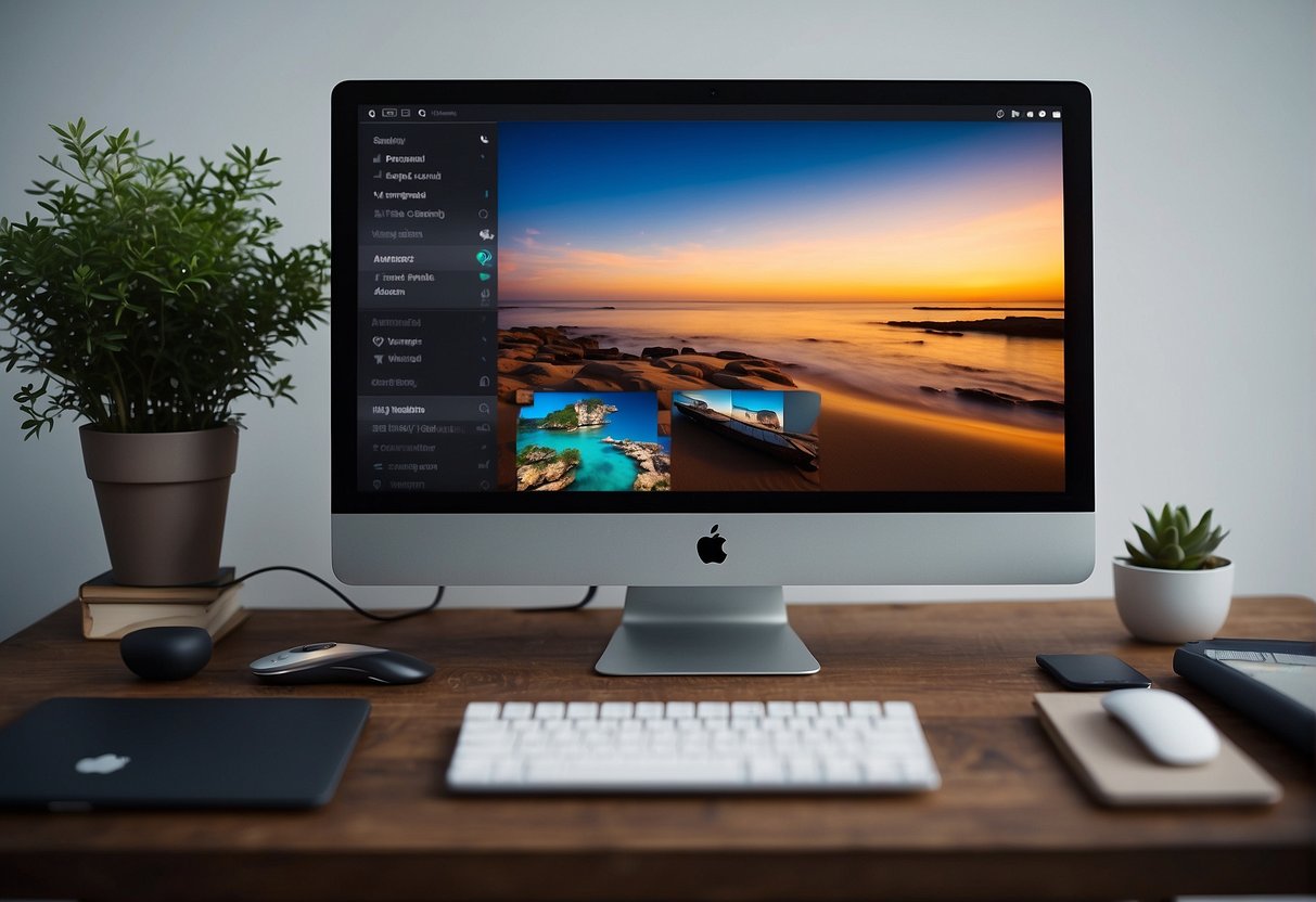 A computer screen displaying Visme's advanced features with various design tools and options open, surrounded by creative elements and icons