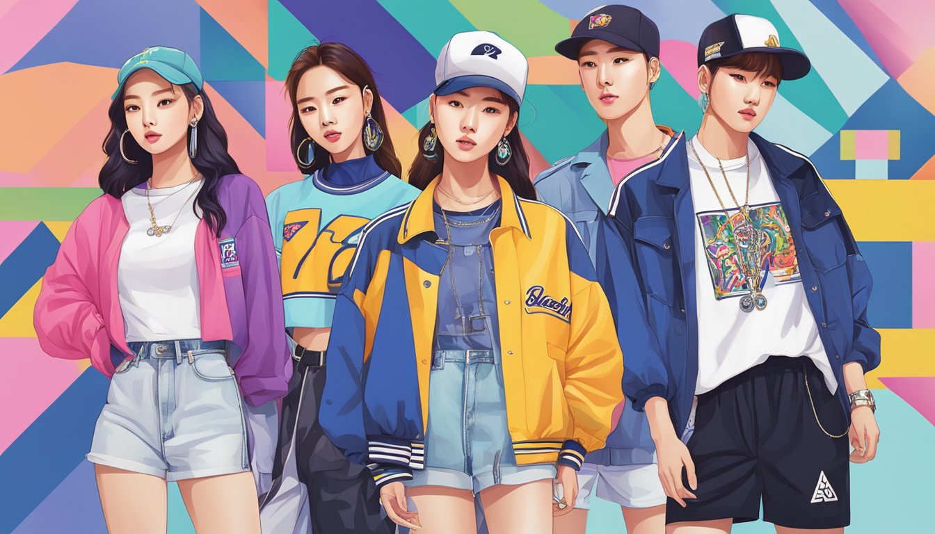 A vibrant display of trendy kpop idol clothing brands, featuring bold logos and colorful designs