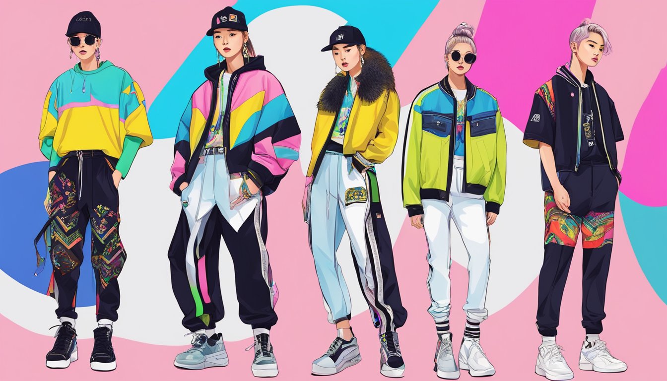 A vibrant runway showcasing K-Pop idol clothing brands with bold patterns, neon colors, and edgy streetwear designs