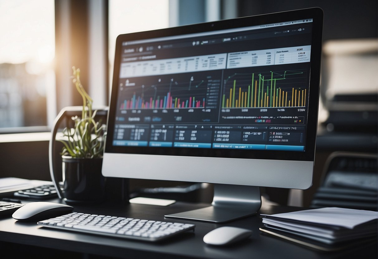 A desk with a computer, notebook, and pen. Files and folders neatly organized. Charts and graphs displayed on the computer screen