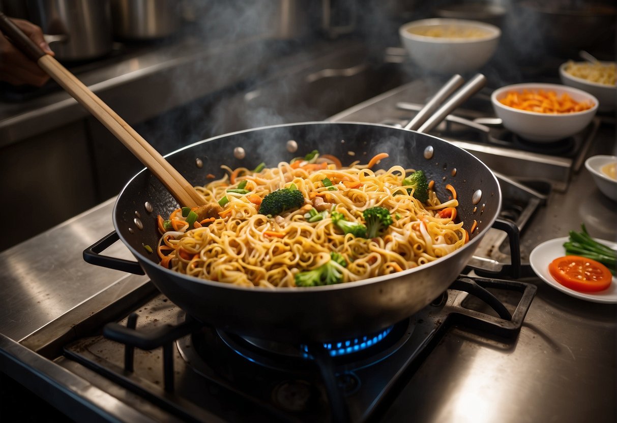 A wok sizzles with egg fried noodles, stir-frying with vegetables and savory sauces in a bustling Chinese kitchen