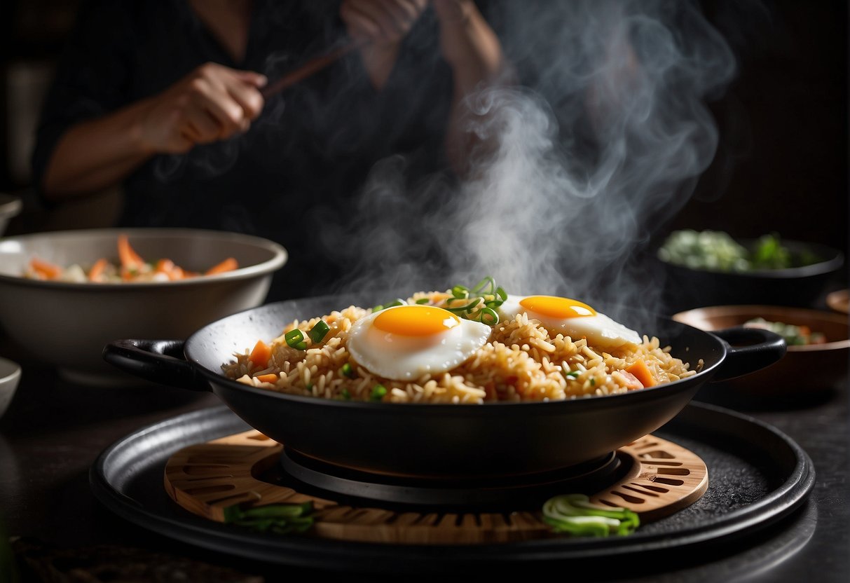 A wok sizzles with rice, eggs, and soy sauce. Steam rises as a chef tosses the ingredients, creating a fragrant Chinese-style egg fried rice