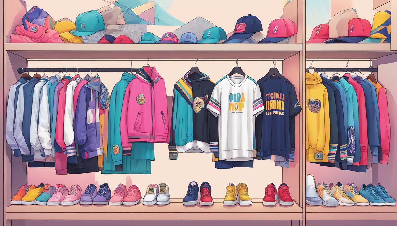 A vibrant display of trendy kpop idol clothing brands, featuring bold colors, unique patterns, and innovative designs, showcased in a modern and accessible retail setting