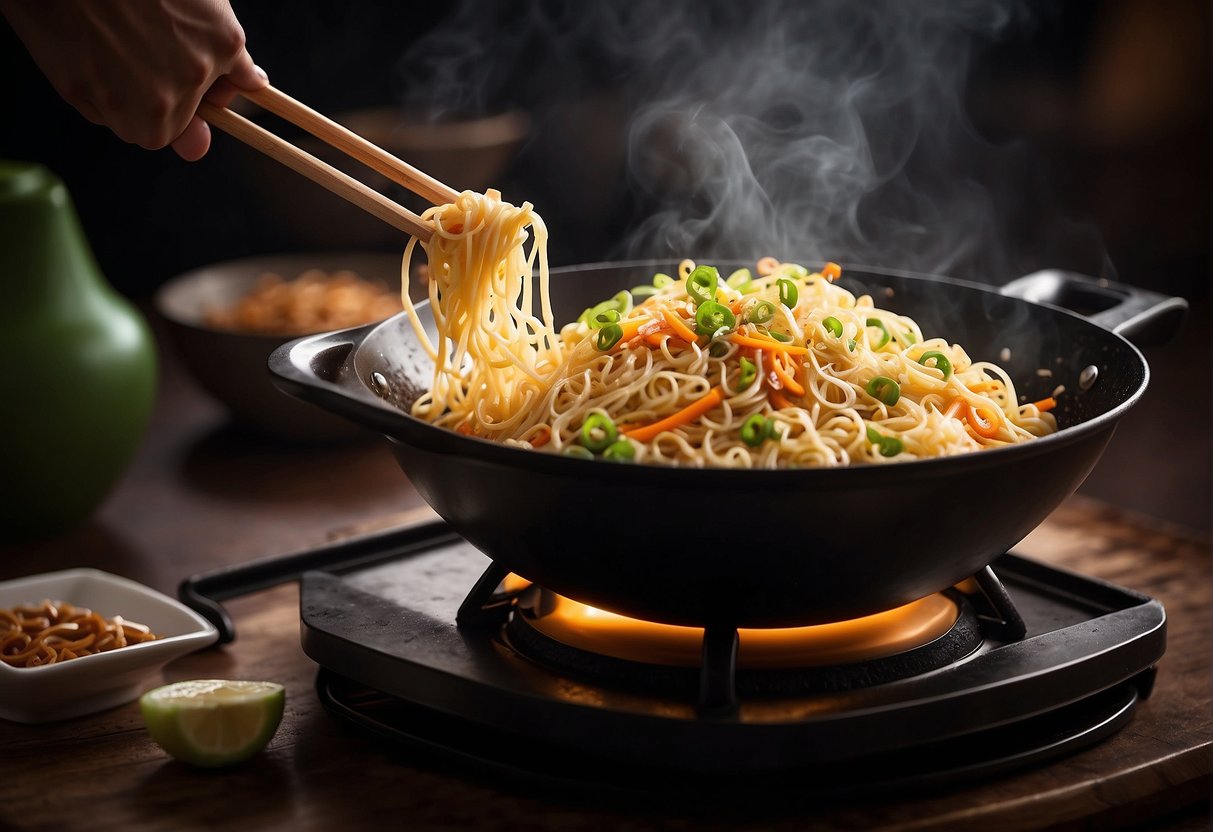 A wok sizzles with egg fried noodles, tossing in essential Chinese ingredients. Soy sauce, sesame oil, and green onions add flavor