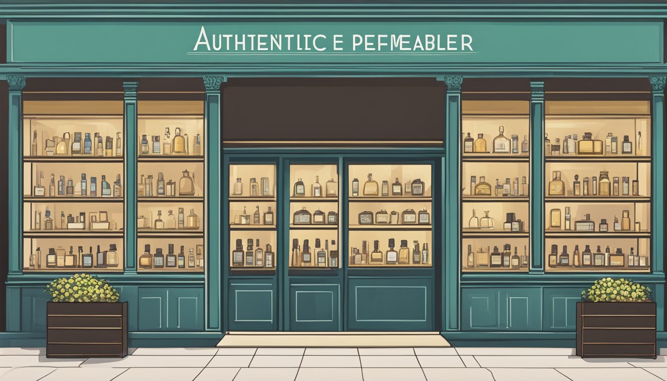 A storefront sign reads "Authentic Perfume Retailer" in Singapore, with shelves of neatly displayed perfume bottles inside. The shop exudes a sophisticated and inviting atmosphere, drawing in potential customers