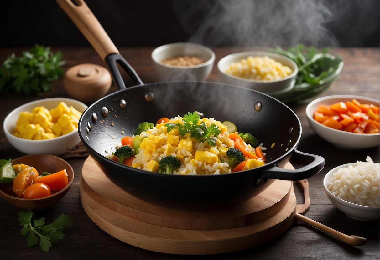 A wok sizzles with fluffy rice, scrambled eggs, and colorful veggies, infused with soy sauce and sesame oil