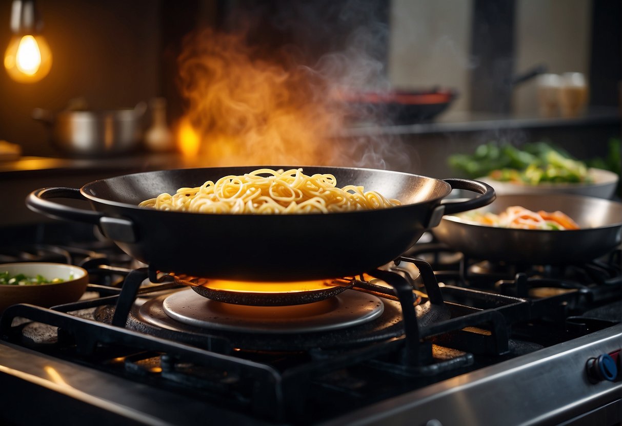 A wok sizzles on a gas stove, surrounded by a variety of cooking utensils and equipment. A bowl of egg fried noodles sits nearby, ready to be prepared in the Chinese style