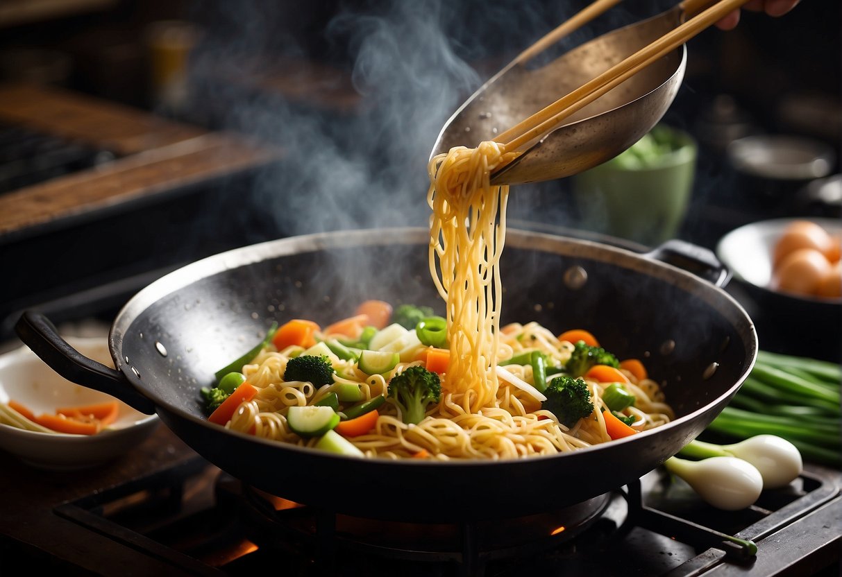 A wok sizzles as noodles and eggs are stir-fried with soy sauce and vegetables. Steam rises as the dish is tossed and garnished with green onions