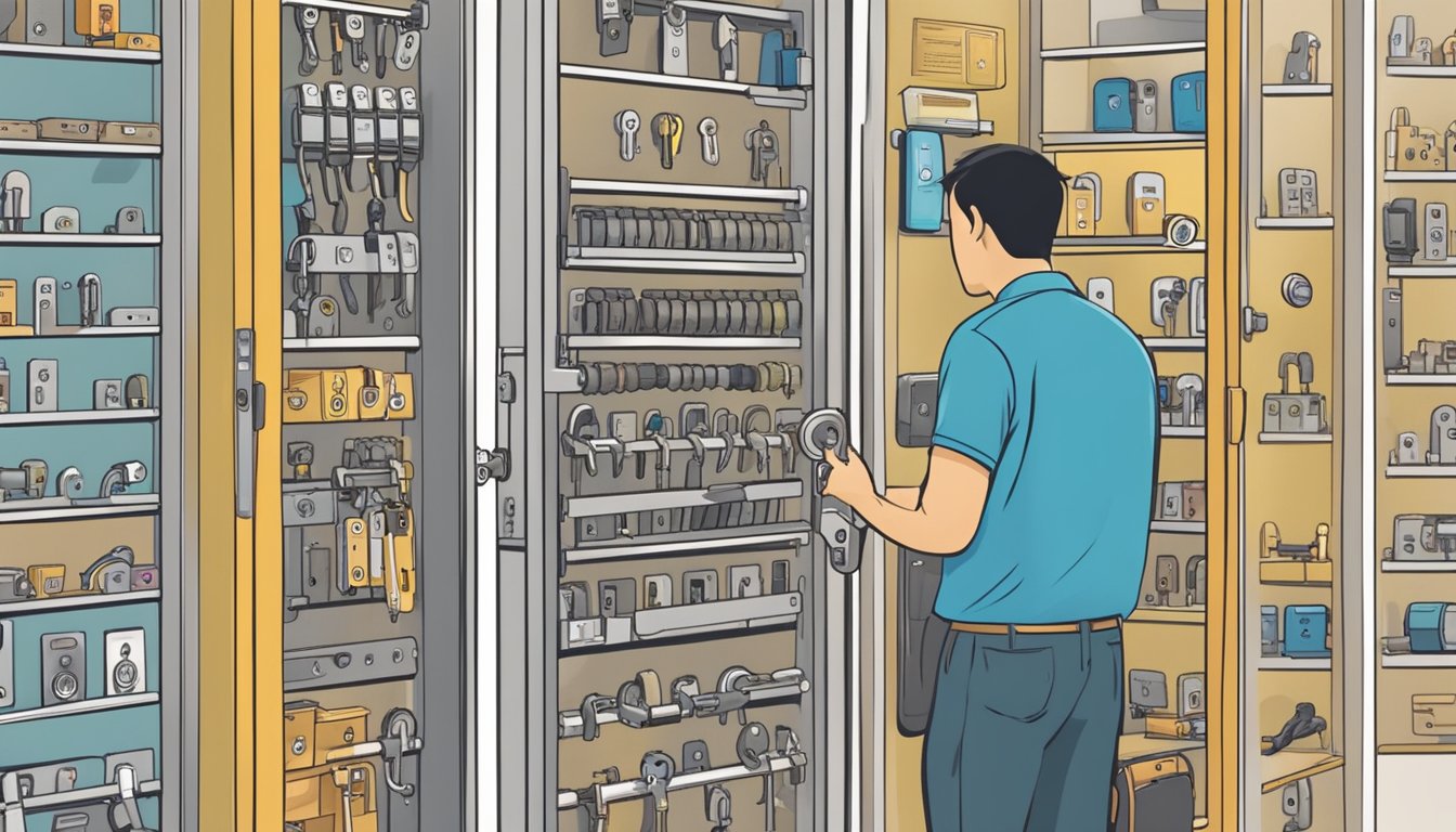A customer browsing through a variety of door locks at a hardware store in Singapore, comparing features and prices