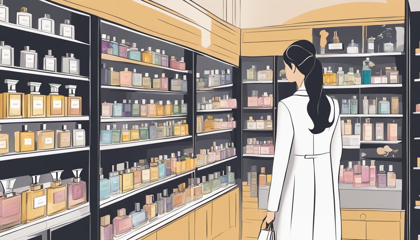 A customer browsing shelves of authentic perfumes at a boutique in Singapore, carefully selecting the perfect scent for their personal style