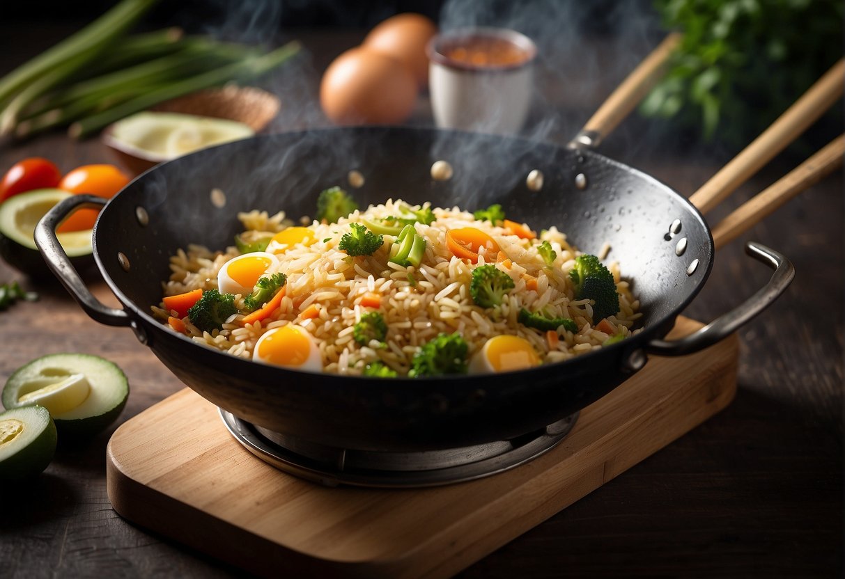 A wok sizzles over high heat as rice and beaten eggs are tossed together with soy sauce and vegetables, creating a fragrant and flavorful egg fried rice dish