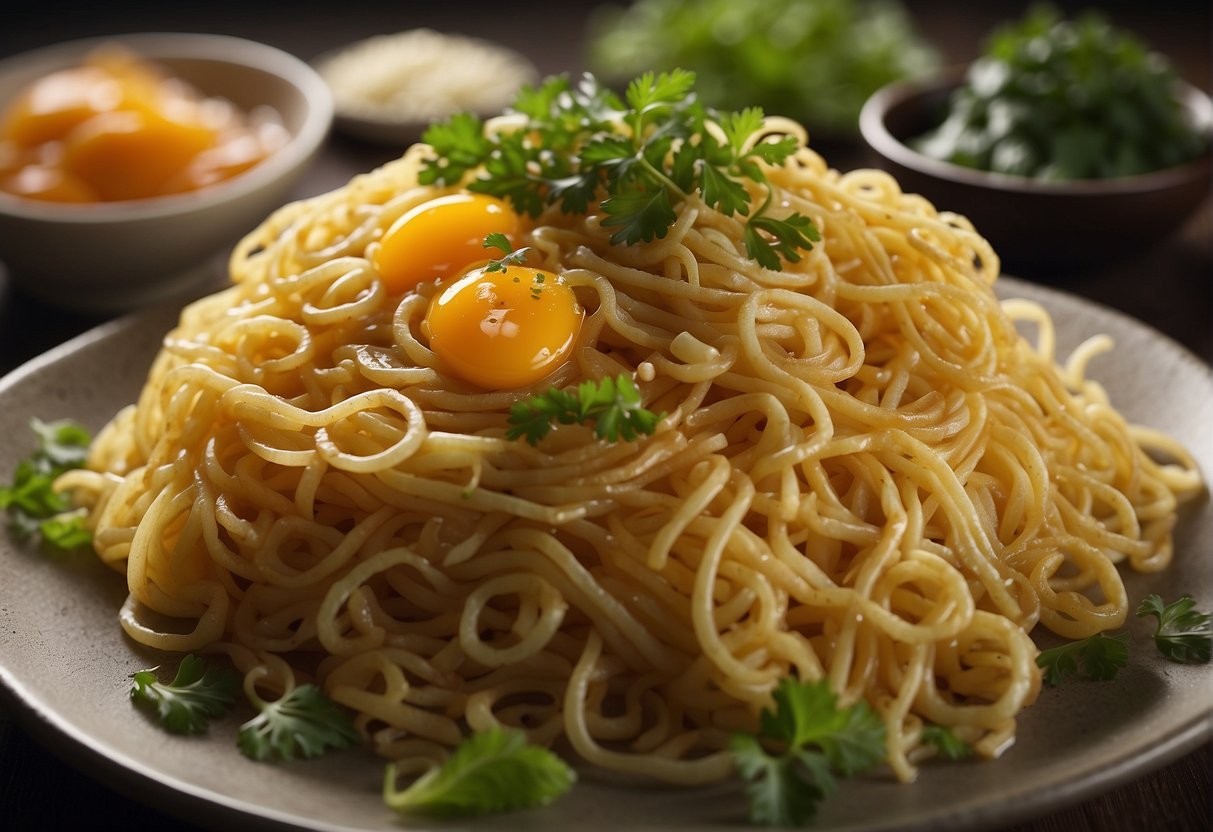 A steaming plate of egg fried noodles with visible ingredients and a nutritional information label in Chinese script