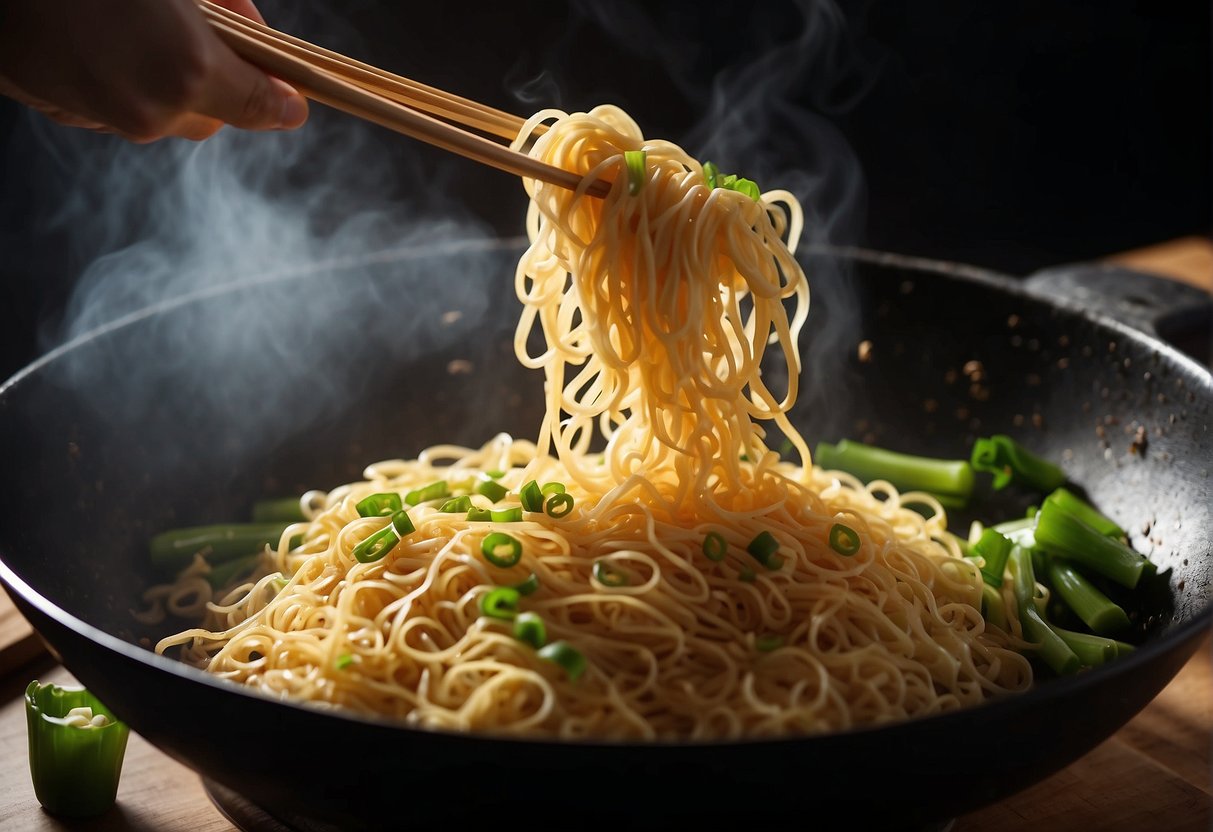 Egg fried noodles sizzle in a hot wok, steam rising. A pair of chopsticks lift the noodles, while a chef's hand adds a sprinkle of green onions for garnish