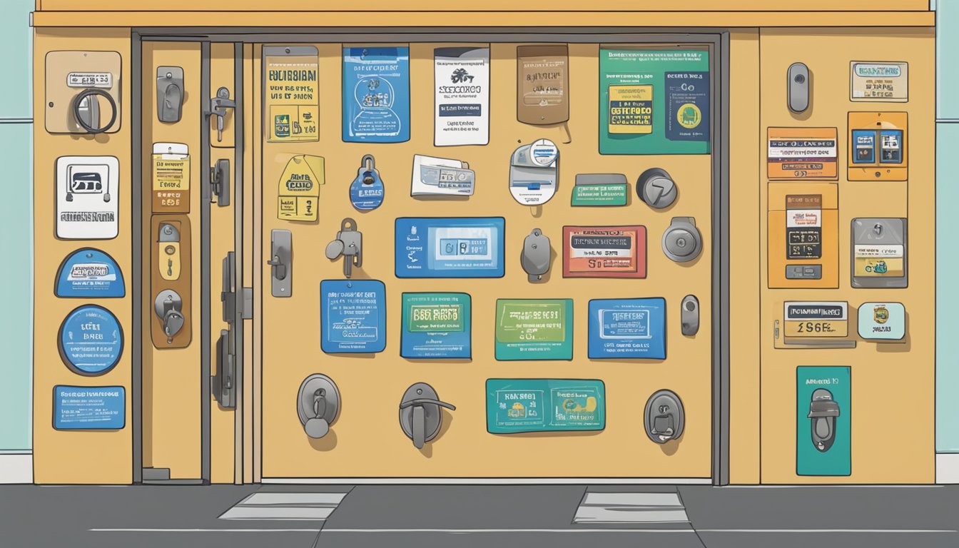 A store display of various door locks in Singapore, with signage indicating "Frequently Asked Questions" on where to buy them