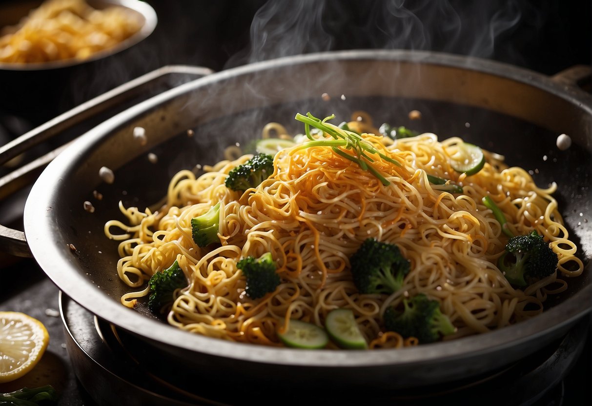 A wok sizzles as egg fried noodles are tossed with Chinese seasonings. Steam rises as the noodles are plated, ready to be served