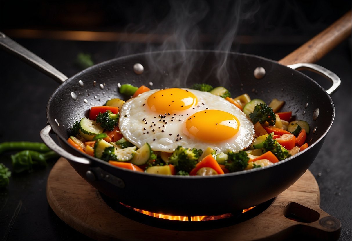 A wok sizzles with oil, as chopped vegetables and beaten eggs are added. Rice is tossed in, followed by soy sauce and sesame oil