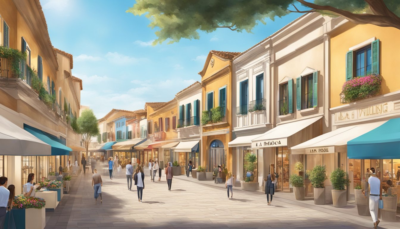 The scene shows a row of luxury brand storefronts at La Roca Village, with prominent logos and colorful displays
