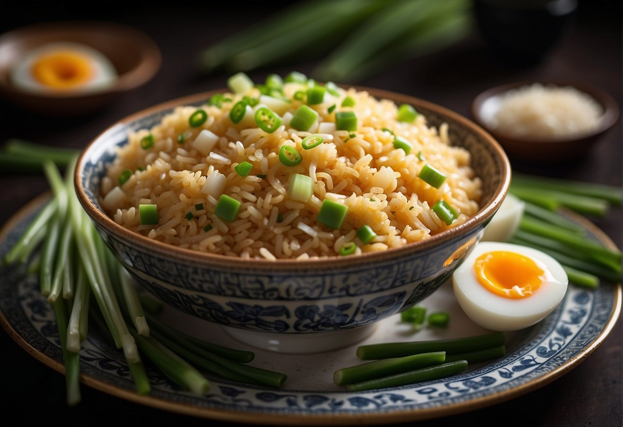 A steaming plate of egg fried rice, garnished with fresh green onions and served in a traditional Chinese bowl