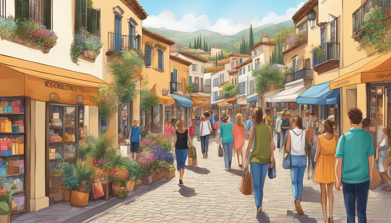 Bustling boutiques and designer brands line the cobblestone streets of La Roca Village, with colorful storefronts and stylish displays drawing in shoppers