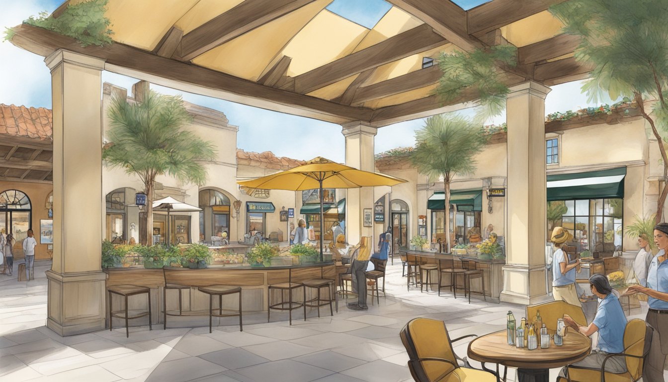 The Visitor Services and Amenities area at La Roca Village, with a list of brand names displayed prominently