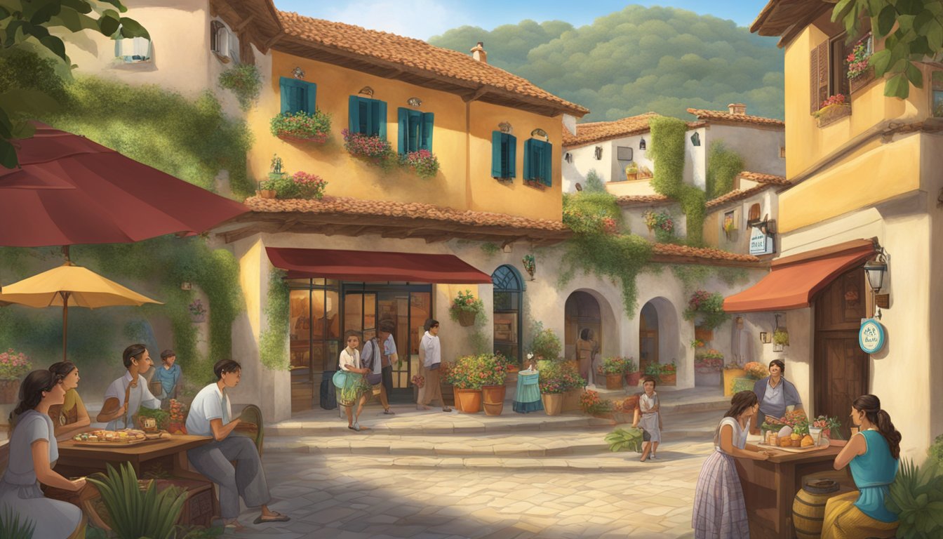 The scene shows a signboard with "Frequently Asked Questions" and a list of La Roca Village brands displayed prominently