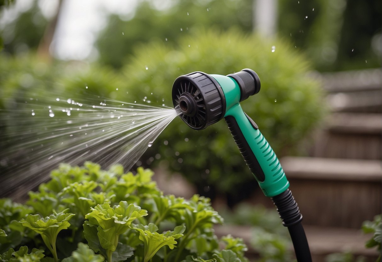 A garden hose spraying water on outdoor plants, dislodging spider webs