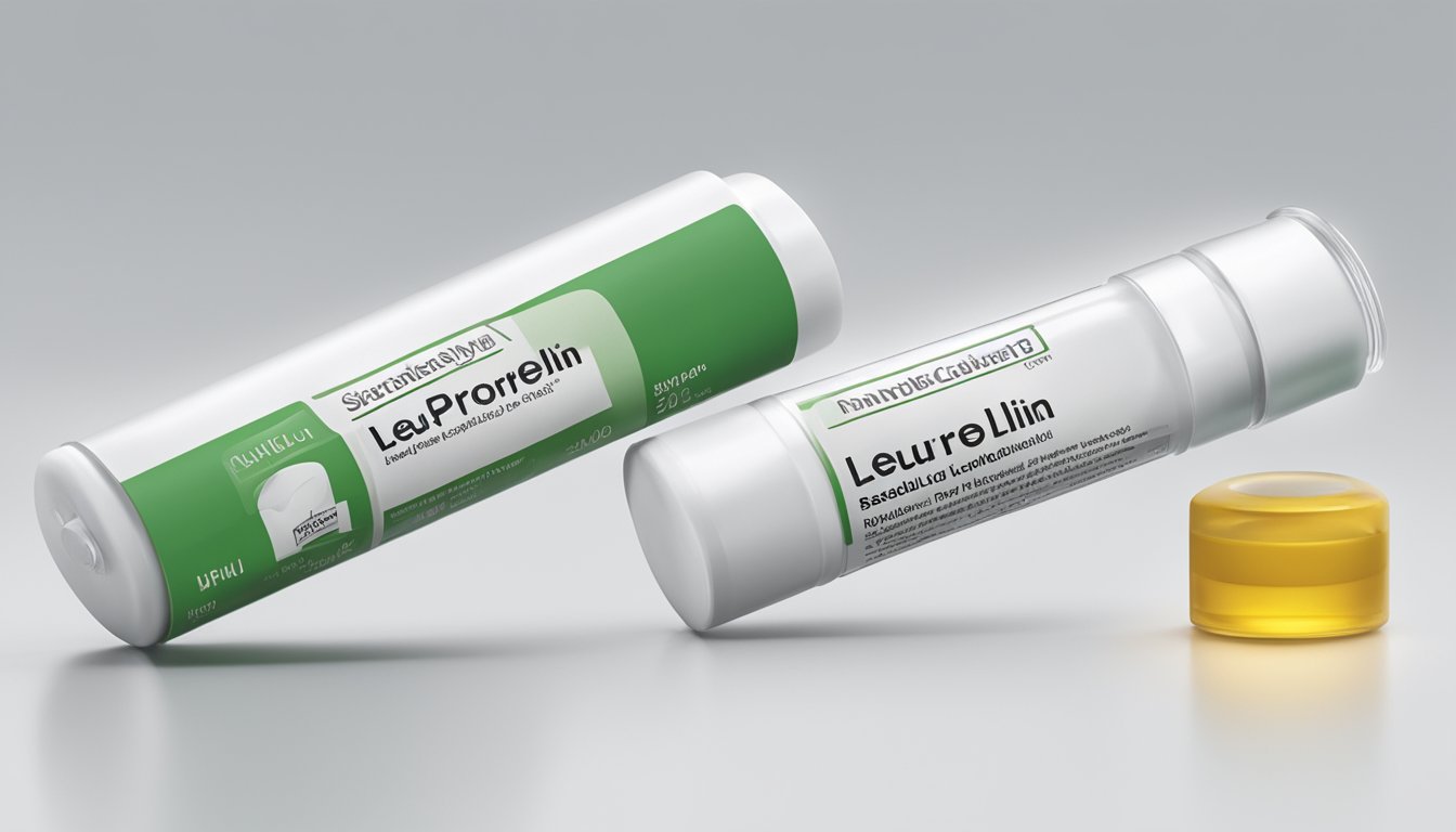 A vial of leuprorelin brand name stands on a sterile white surface, with its label prominently displayed