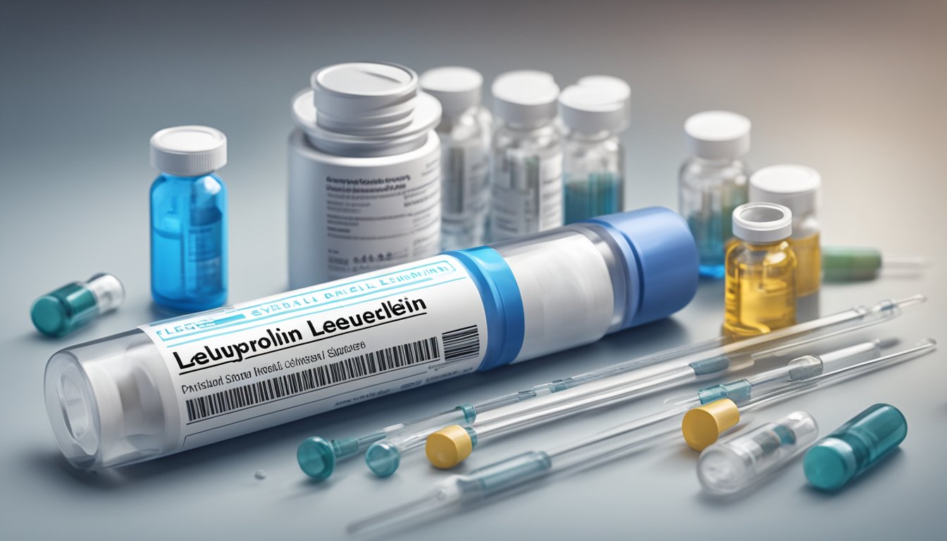 A vial of leuprorelin sits on a sterile medical tray, surrounded by syringes and medical equipment. The label prominently displays the brand name