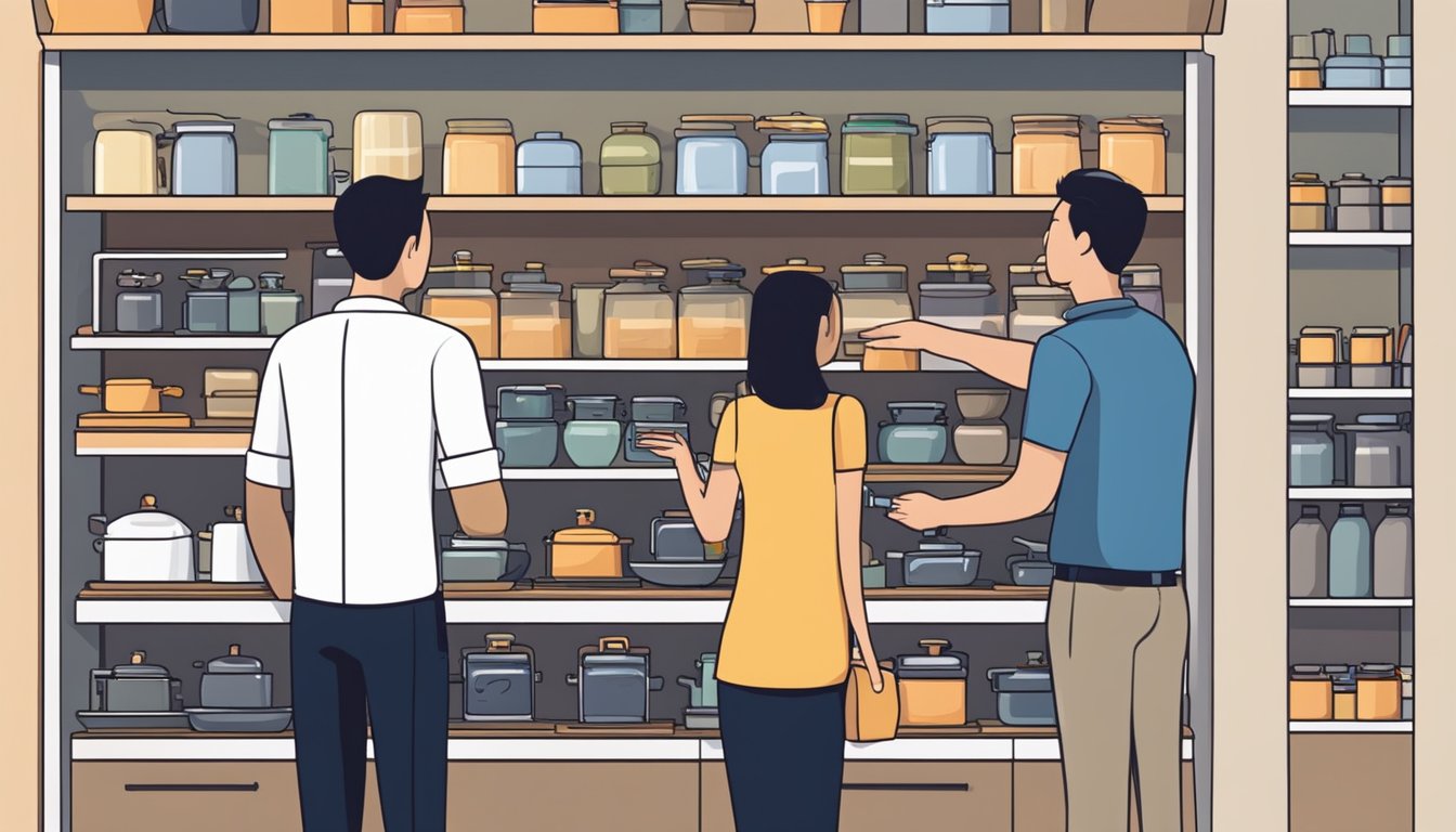 A store in Singapore sells gas stoves. Shelves display various models. Customers browse and compare options. A salesperson assists a couple