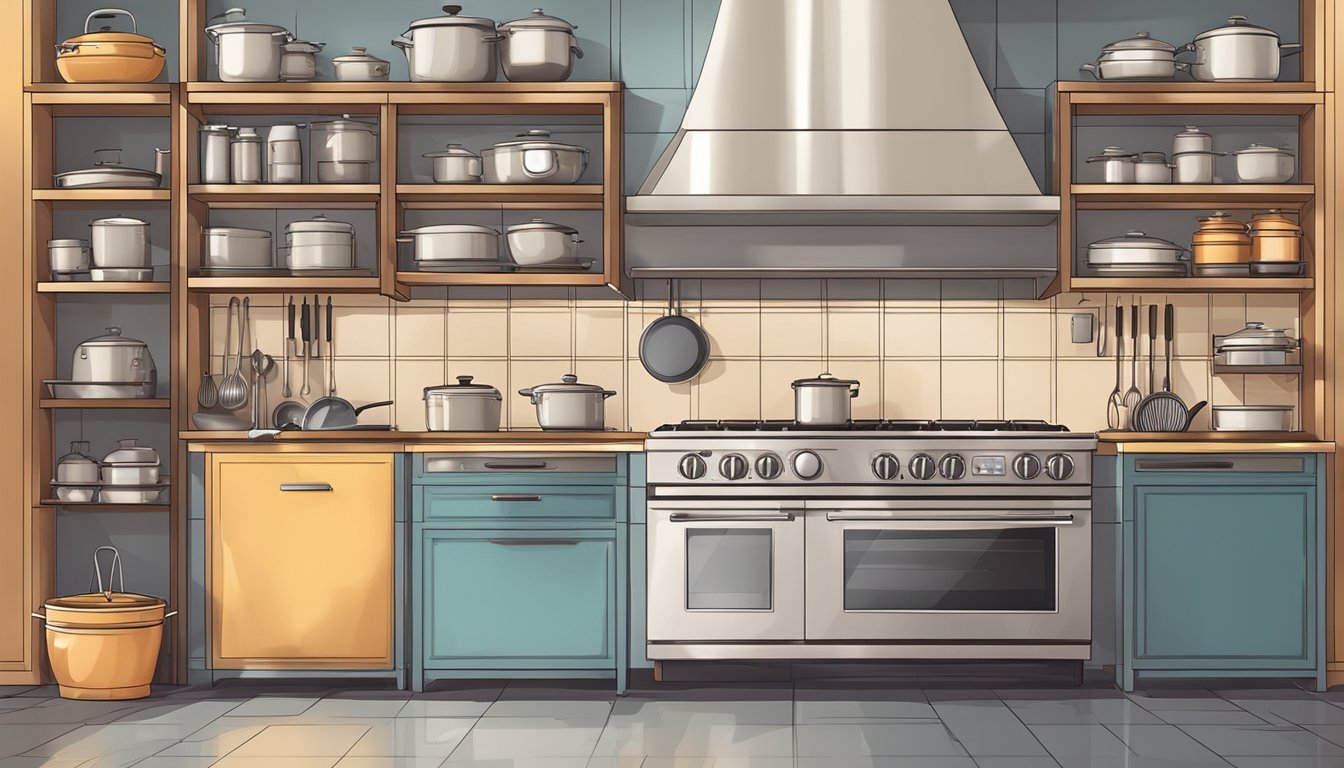 A modern kitchen with a sleek gas stove, surrounded by shelves of cookware and utensils. The stove is lit, with a pot simmering on one of the burners
