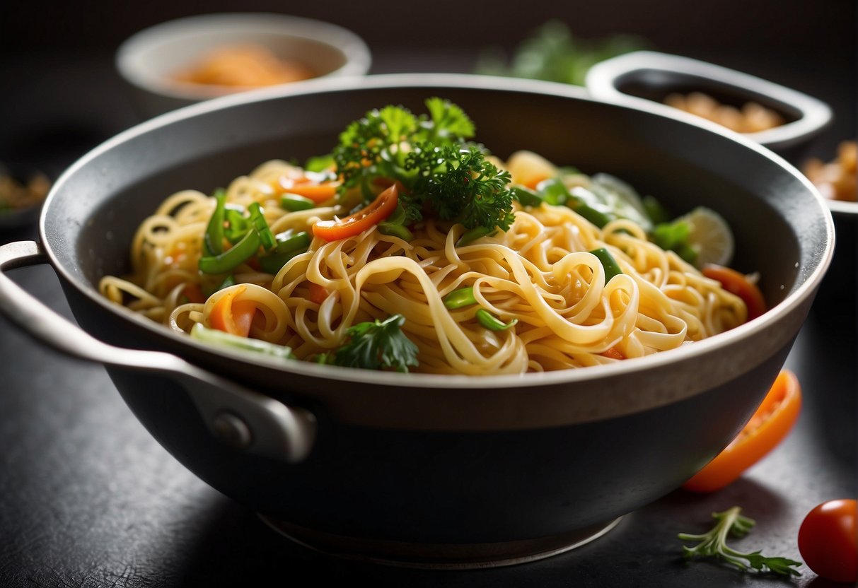 Boil egg noodles in a pot. Stir-fry vegetables and protein in a wok. Toss noodles in sauce. Serve in a bowl