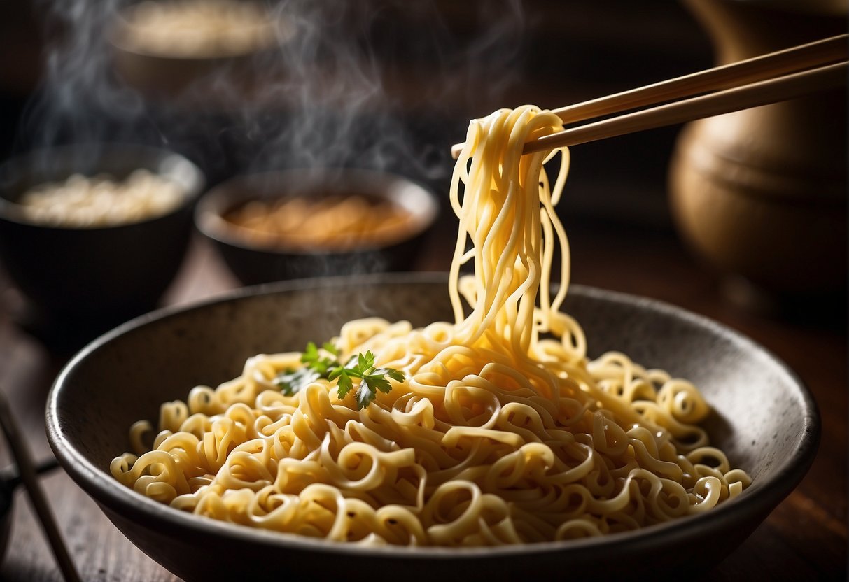 A pair of chopsticks lifts a tangle of Chinese-style egg noodles from a steaming bowl, showcasing their springy texture and golden hue