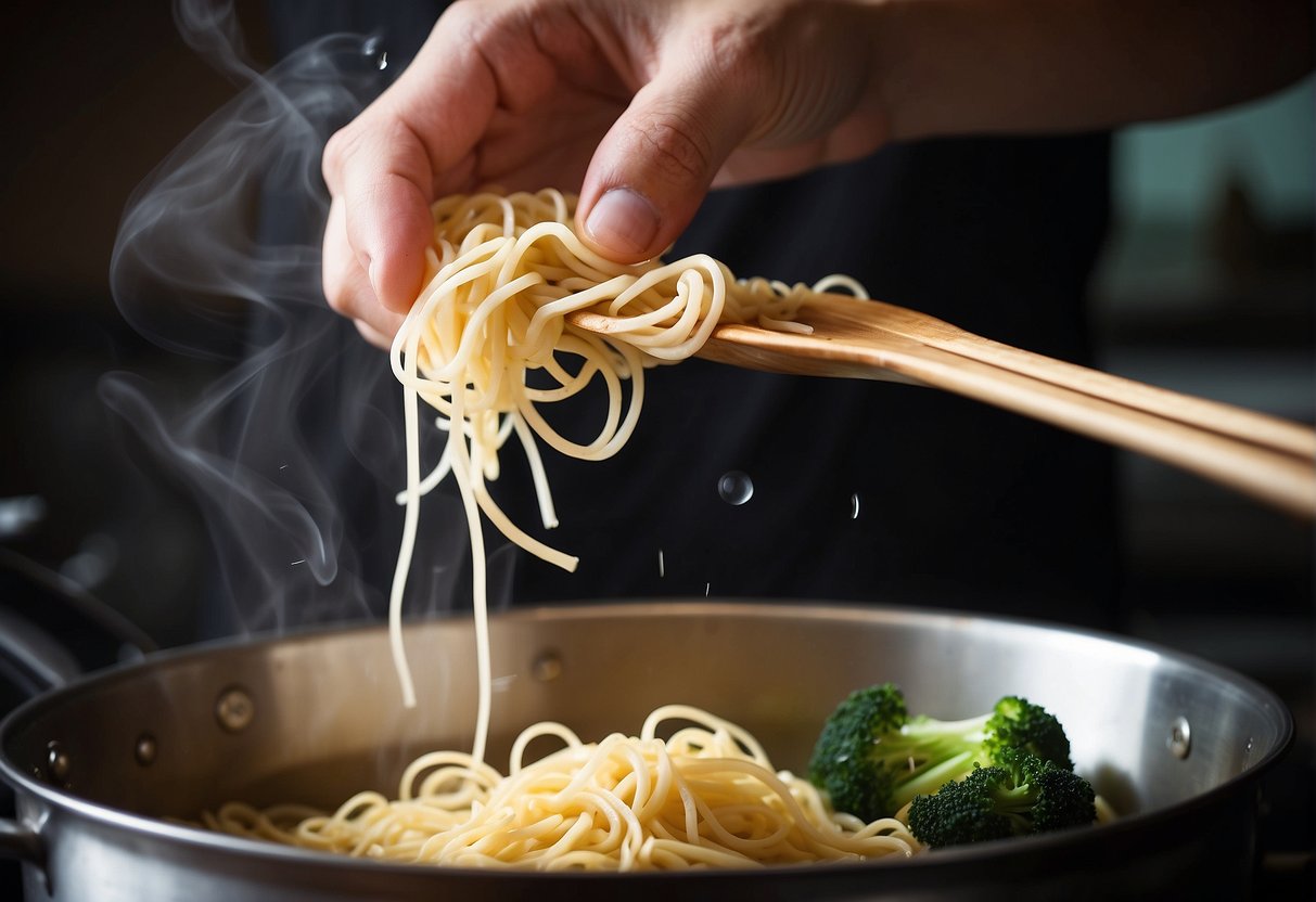 Boiling egg noodles in a pot of water, adding soy sauce and sesame oil, tossing in stir-fried vegetables and protein