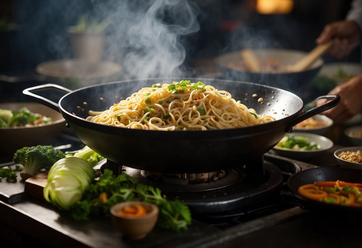 A wok sizzles with egg noodles, stir-fried in a fragrant blend of soy sauce, ginger, and garlic. Steam rises as the noodles are tossed with fresh vegetables and savory seasonings, creating an authentic Chinese dish