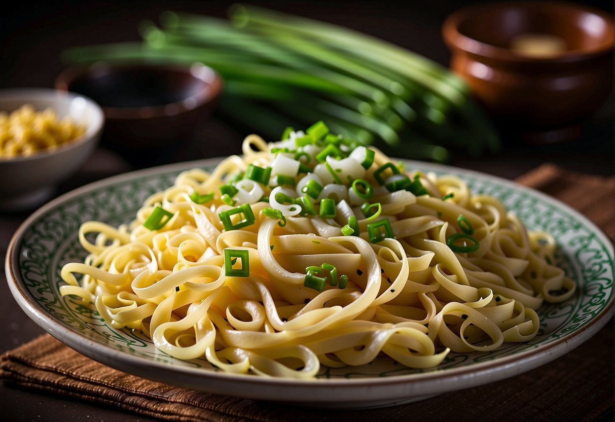 A steaming bowl of Chinese-style egg noodles is garnished with fresh green onions and served on a decorative platter
